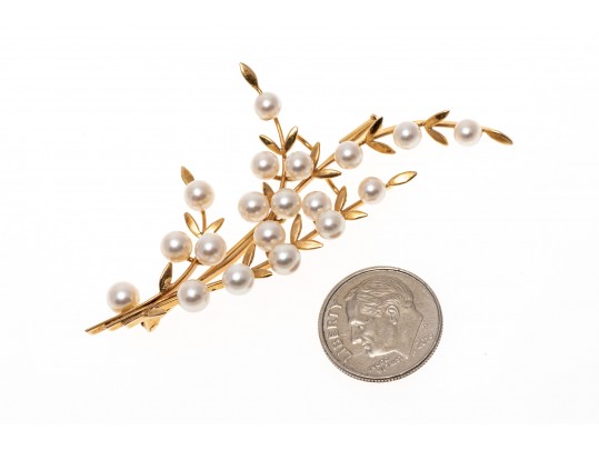 14k Yellow Gold Elegant Vintage Cultured Pearl Spray Branch Motif Brooch