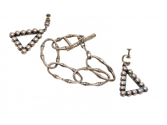 Sterling Bamboo Link Bracelet And Beadwork Pendant Earrings