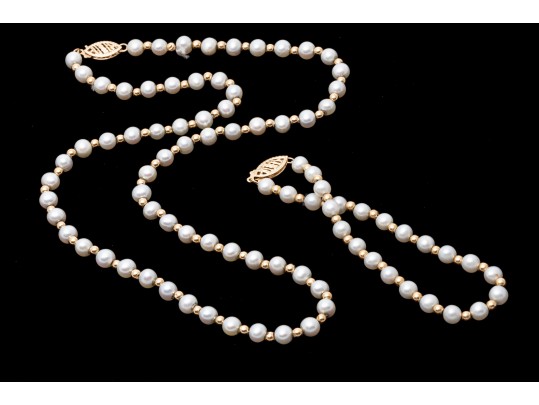 Matching White Cultured Freshwater Pearl And Gold Bead Necklace And Bracelet Set