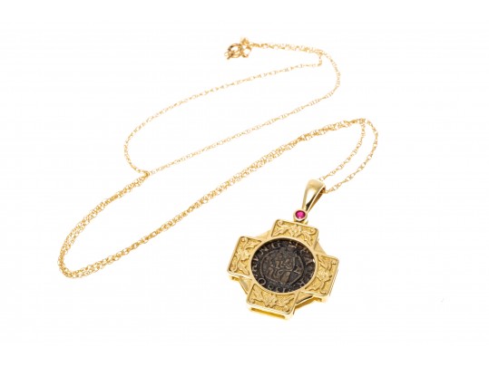 14K Necklace With A Coin Set Pendant