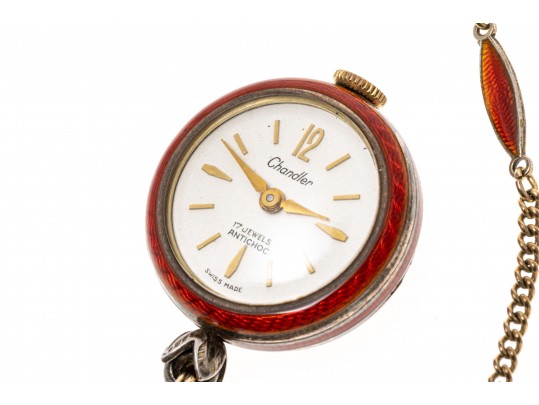 Stunning Burgundy Guilloche Enamel Pendant Watch And Chain, Sterling And Gold Filled