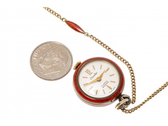 Stunning Burgundy Guilloche Enamel Pendant Watch And Chain, Sterling And Gold Filled