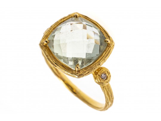 14k Yellow Gold Checkerboard Cushion Aquamarine Bark Finish Ring, Size 7.25