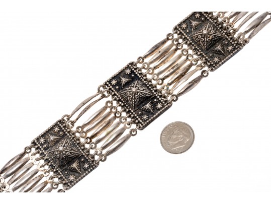 Fabulous Wide Link Mexican Silver Bracelet, With Hook Style Clasp