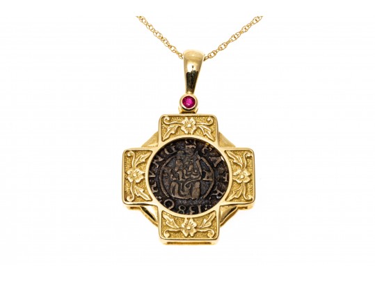 14K Necklace With A Coin Set Pendant