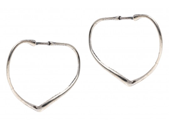 Tiffany And Co. Elsa Peretti Sterling Silver Contemporary Open Heart Hoop Earrings