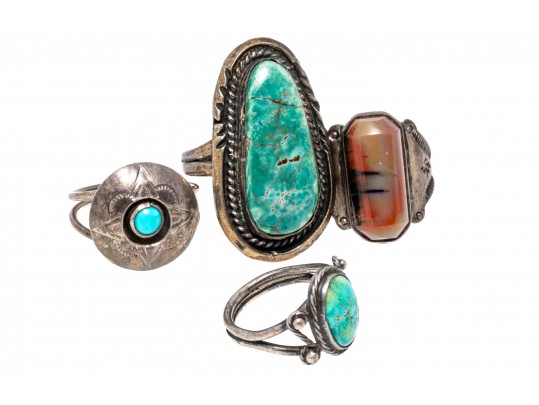 Lot Of Four Assorted Sterling Silver Rings, Southwestern Motifs