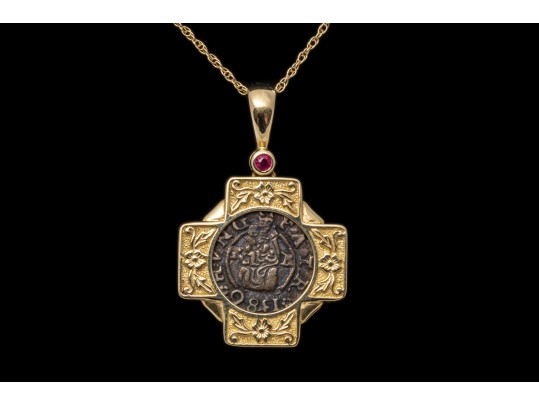 14K Necklace With A Coin Set Pendant