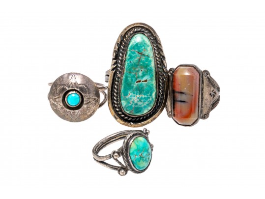 Lot Of Four Assorted Sterling Silver Rings, Southwestern Motifs