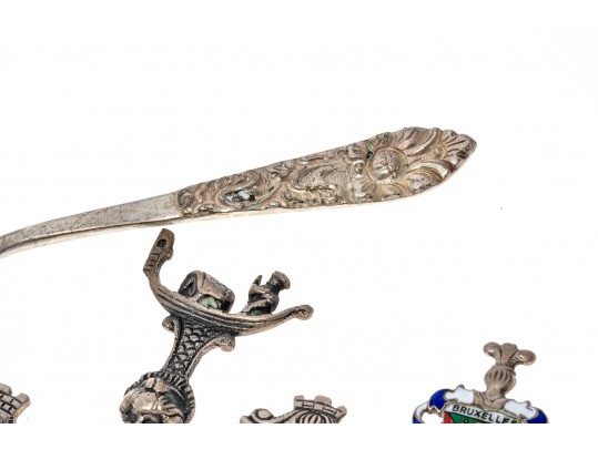 Lot Of Seven .800 Silver Souvenir Spoons Plus One Silver Plate Spoon