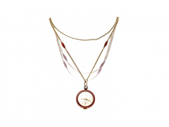 Stunning Burgundy Guilloche Enamel Pendant Watch And Chain, Sterling And Gold Filled