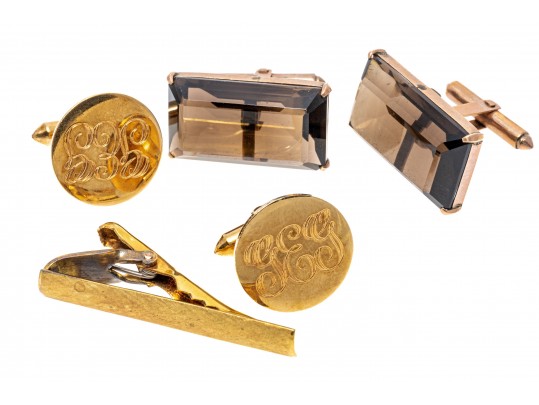 Lot Of Two Lever Style Back Cufflinks And One Tie Bar; 10k And 14k