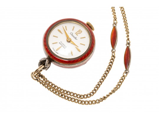 Stunning Burgundy Guilloche Enamel Pendant Watch And Chain, Sterling And Gold Filled
