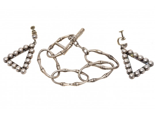 Sterling Bamboo Link Bracelet And Beadwork Pendant Earrings