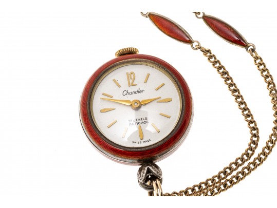 Stunning Burgundy Guilloche Enamel Pendant Watch And Chain, Sterling And Gold Filled