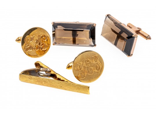 Lot Of Two Lever Style Back Cufflinks And One Tie Bar; 10k And 14k