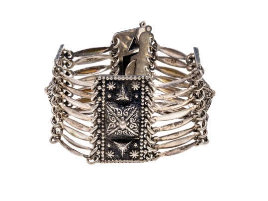 Fabulous Wide Link Mexican Silver Bracelet, With Hook Style Clasp