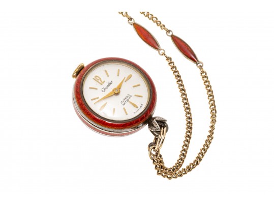Stunning Burgundy Guilloche Enamel Pendant Watch And Chain, Sterling And Gold Filled