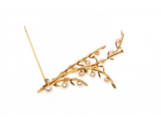 14k Yellow Gold Elegant Vintage Cultured Pearl Spray Branch Motif Brooch