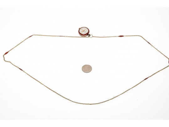 Stunning Burgundy Guilloche Enamel Pendant Watch And Chain, Sterling And Gold Filled