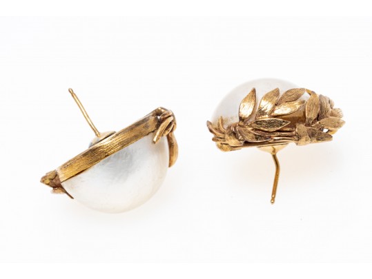Classic 14K Mabe Pearl Earrings With 18K Branching Accents