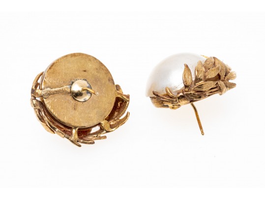 Classic 14K Mabe Pearl Earrings With 18K Branching Accents