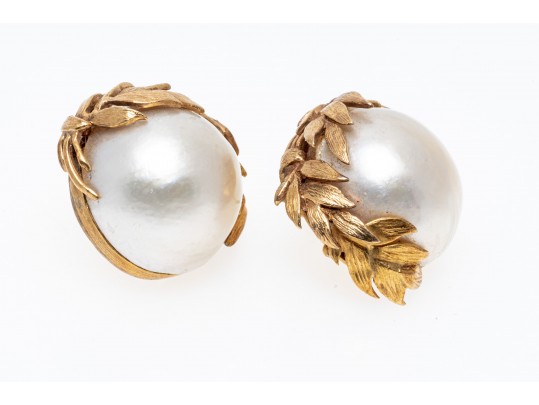 Classic 14K Mabe Pearl Earrings With 18K Branching Accents