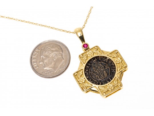 14K Necklace With A Coin Set Pendant