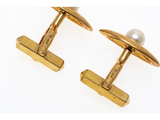 Mikimoto 14k Yellow Gold Cultured Pearl Cufflinks Set With Two Complementary Tie Bars