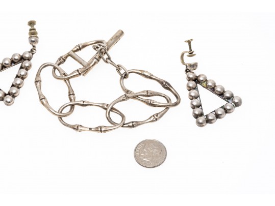 Sterling Bamboo Link Bracelet And Beadwork Pendant Earrings