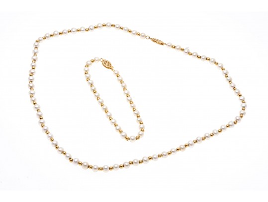 Matching White Cultured Freshwater Pearl And Gold Bead Necklace And Bracelet Set