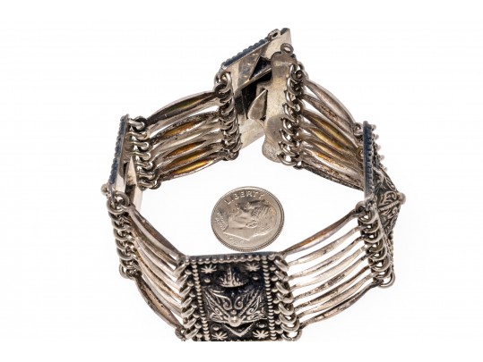 Fabulous Wide Link Mexican Silver Bracelet, With Hook Style Clasp