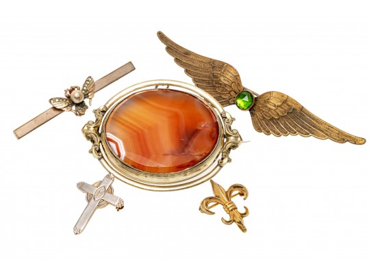 Lot Of Five Vintage And Antique Jewelry Pieces, Including A Victorian Agate Mourners Brooch