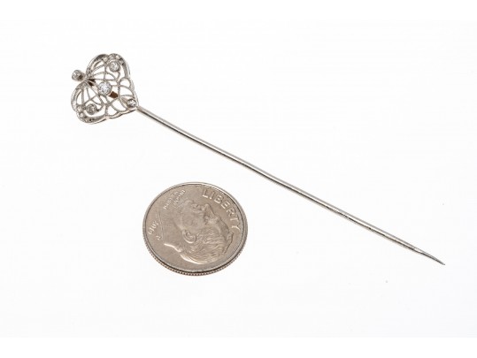 Platinum And Diamond Open Heart Form Stick Pin