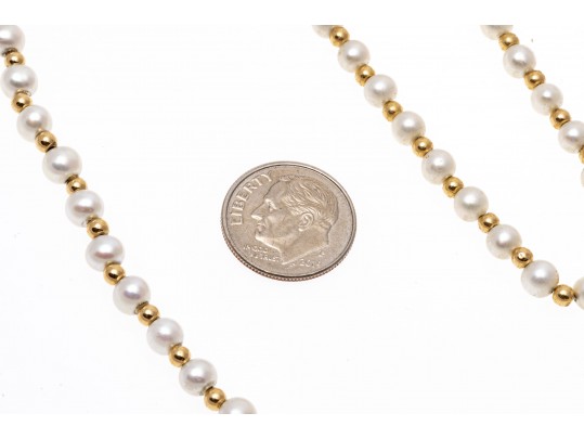 Matching White Cultured Freshwater Pearl And Gold Bead Necklace And Bracelet Set