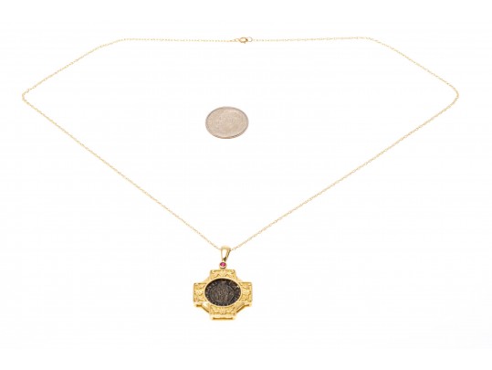 14K Necklace With A Coin Set Pendant