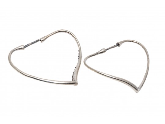 Tiffany And Co. Elsa Peretti Sterling Silver Contemporary Open Heart Hoop Earrings