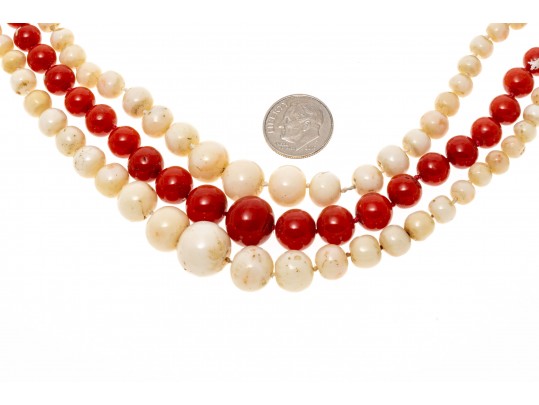 Lot Of Four Strung Beaded Necklaces, Turquoise, Tigers Eye And Coral