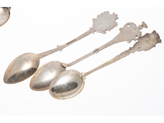 Lot Of Seven .800 Silver Souvenir Spoons Plus One Silver Plate Spoon
