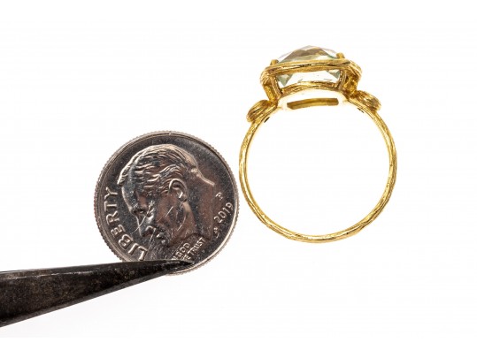 14k Yellow Gold Checkerboard Cushion Aquamarine Bark Finish Ring, Size 7.25