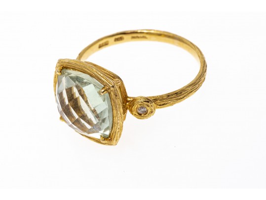 14k Yellow Gold Checkerboard Cushion Aquamarine Bark Finish Ring, Size 7.25