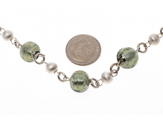 Sterling Silver Beautiful Glass Silver Green Bead Tin Cup Style Necklace