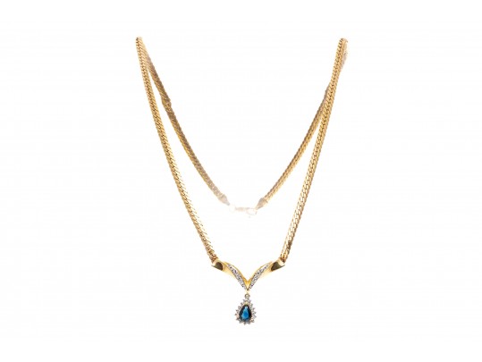 14K Herringbone Chevron Diamond And Sapphire Tasteful Necklace