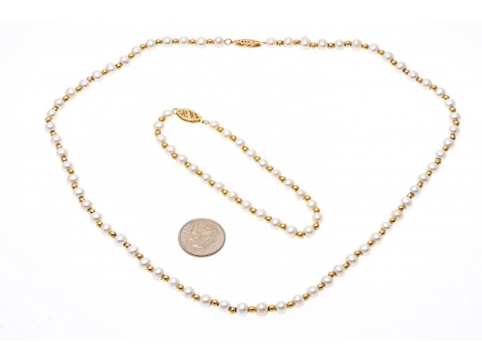 Matching White Cultured Freshwater Pearl And Gold Bead Necklace And Bracelet Set