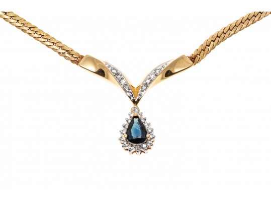 14K Herringbone Chevron Diamond And Sapphire Tasteful Necklace