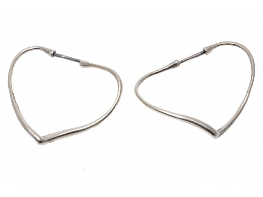 Tiffany And Co. Elsa Peretti Sterling Silver Contemporary Open Heart Hoop Earrings