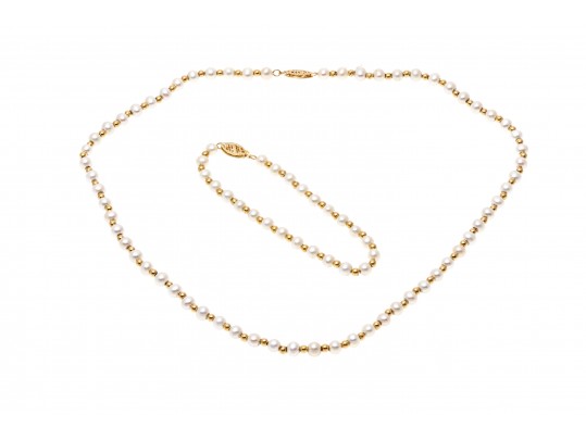 Matching White Cultured Freshwater Pearl And Gold Bead Necklace And Bracelet Set