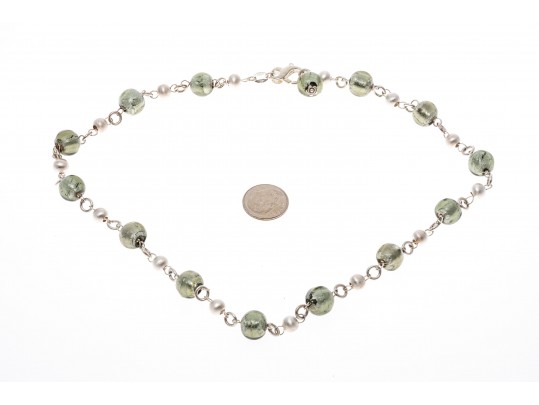 Sterling Silver Beautiful Glass Silver Green Bead Tin Cup Style Necklace
