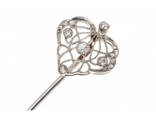 Platinum And Diamond Open Heart Form Stick Pin