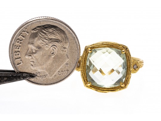 14k Yellow Gold Checkerboard Cushion Aquamarine Bark Finish Ring, Size 7.25